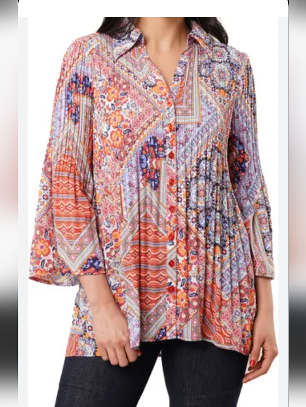 Sunny Leigh Women's Pleated Button-Up Floral Patchwork Top - Orange/Pink